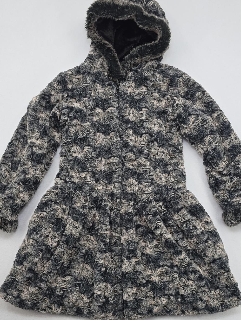 American Widgeon Girls Grey Black Marbled Faux Fur Zip Coat